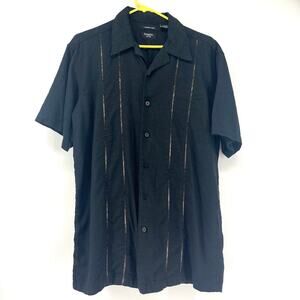 Haggar Men's Black Linen Short Sleeve Collar Button Front‎ Shirt Contrast Trim L